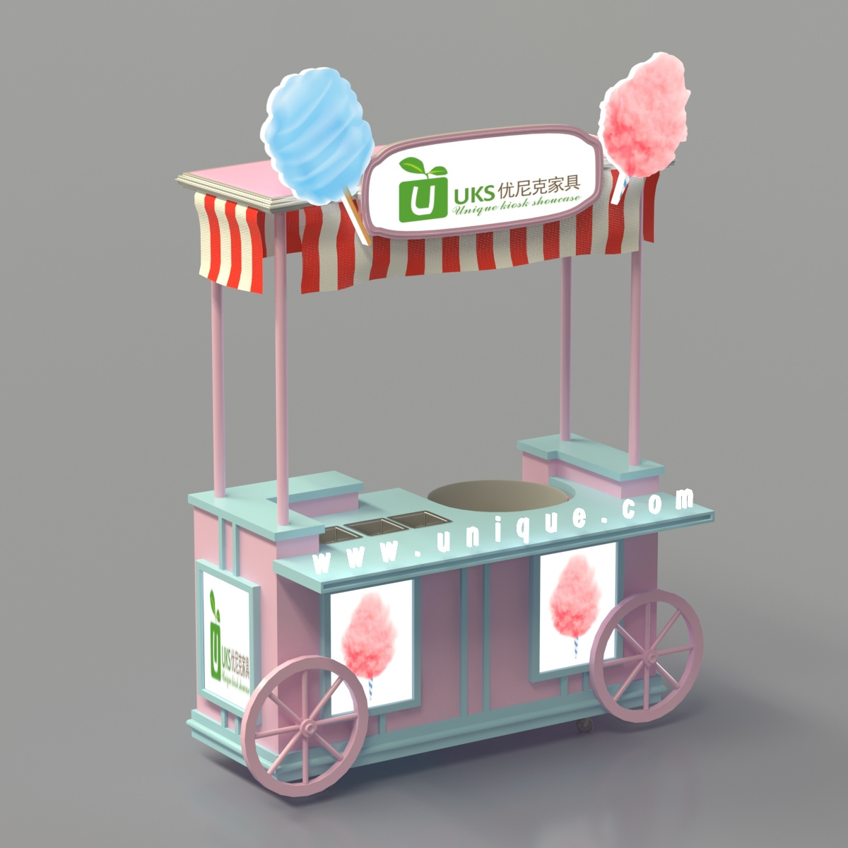 Pink Cotton Candy Cart Shopping Mall Food Stall Mobile Display Cart for Sale