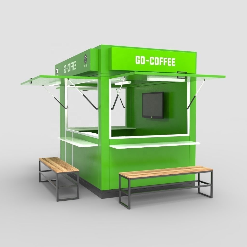 out door green bubble tea kiosk juice bar counter coffee kiosk fast food kiosk with interior decoration for sales