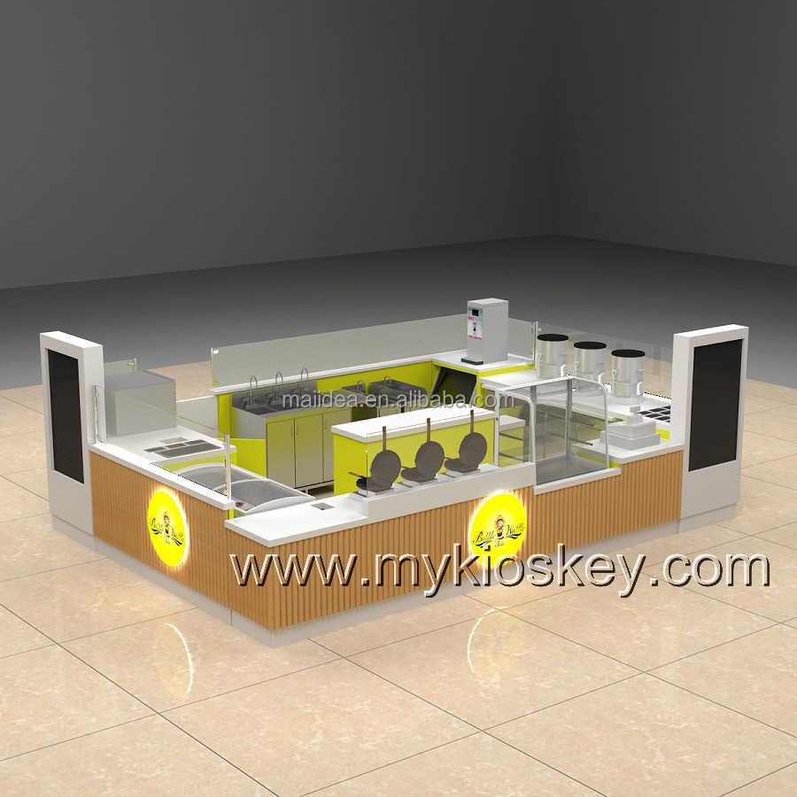 Unique bubble tea counter crepe waffle kiosk fast food booth design for sale