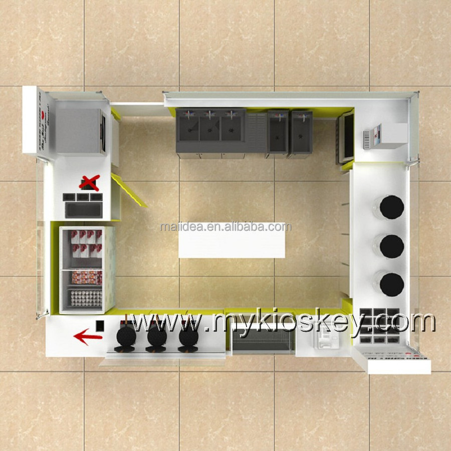 Unique bubble tea counter crepe waffle kiosk fast food booth design for sale