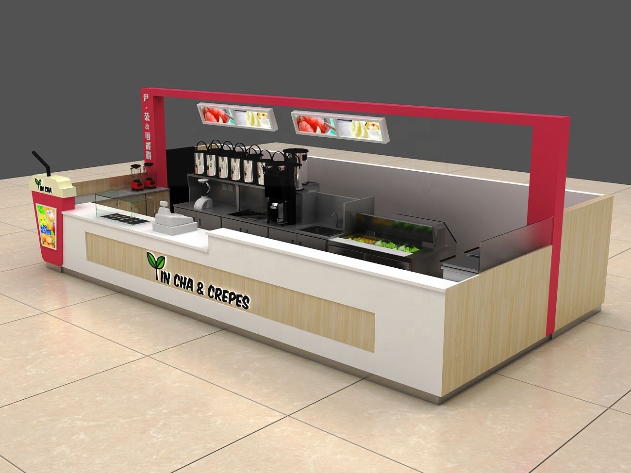 customized cup-shape bubble tea ice cream kiosk for sales fruit juice bar for waffle crepe kiosk