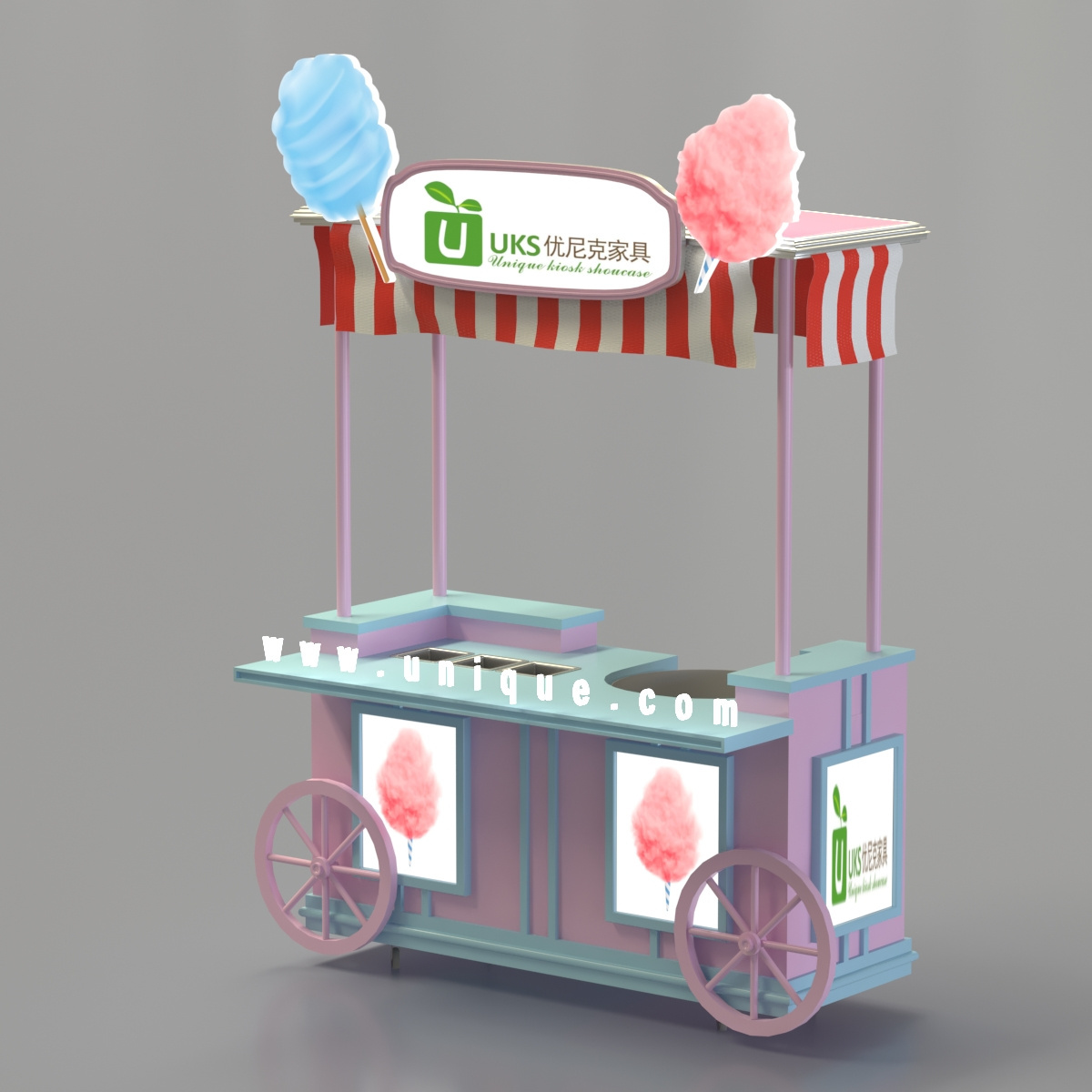 Pink Cotton Candy Cart Shopping Mall Food Stall Mobile Display Cart for Sale