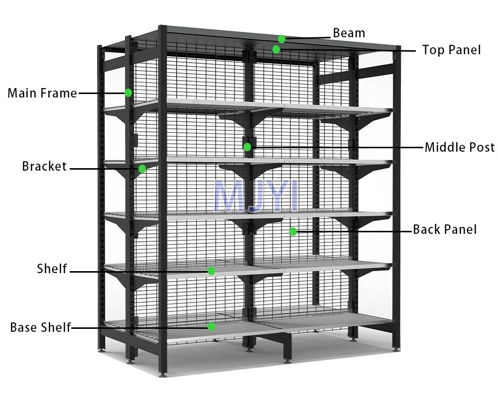 Heavy Duty Metal Shelves Outrigger Wire Mesh Gondola Shelving For Supermarkets