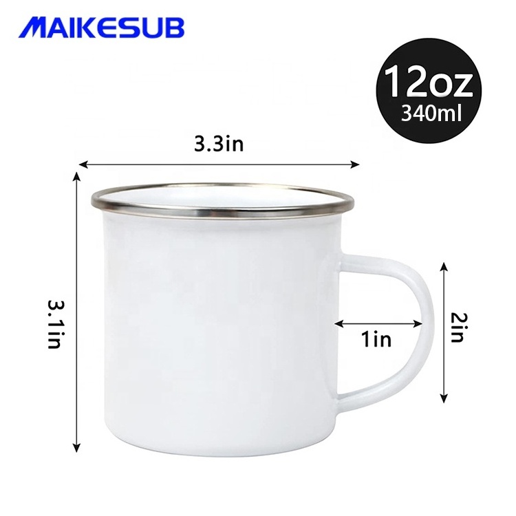 Sublimation Blank White Enamel Mug 12 OZ with Silver Rim Camping Travel Coffee Metal Mug for Christmas Thanksgiving Day