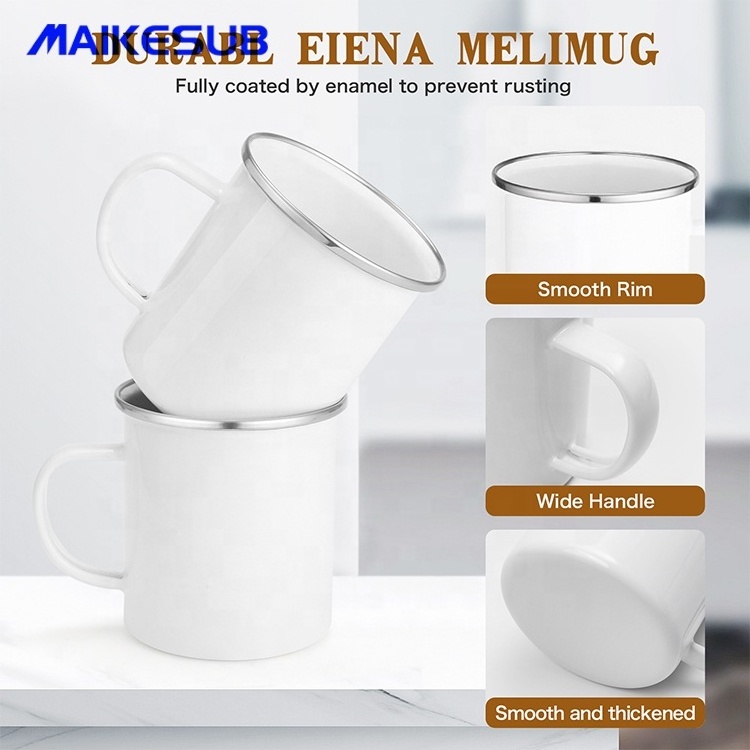 420ml 14oz Sublimation Enamel Mug Chinese Style Camping Coffee Steel Mug Blank White Mugs with Silver Rim for Tea Use