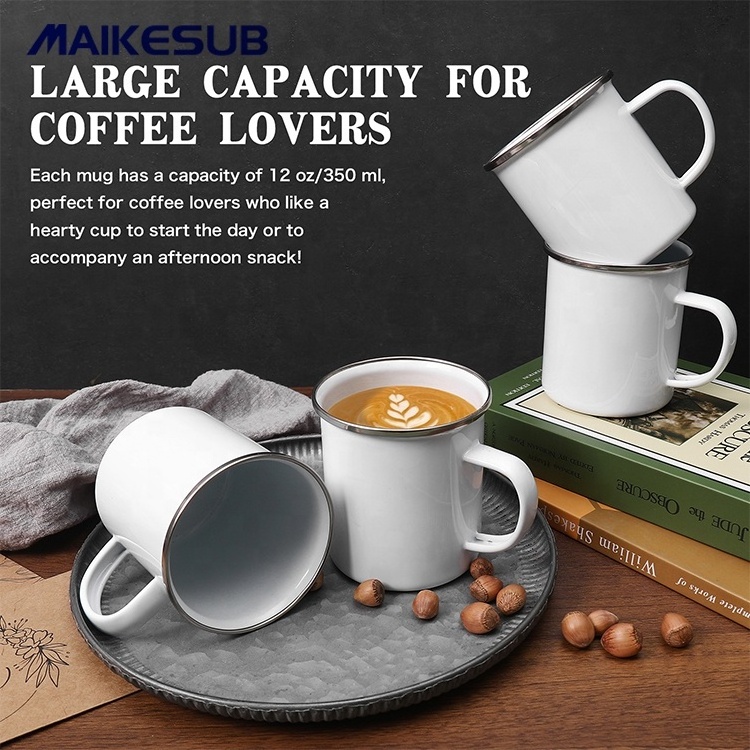 420ml 14oz Sublimation Enamel Mug Chinese Style Camping Coffee Steel Mug Blank White Mugs with Silver Rim for Tea Use