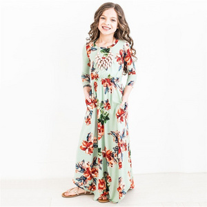 Child Printing Flower Little Girl Dress Casual Floral Printed Mid Sleeve Long Dress For Girls