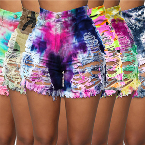 Summer Woman Hot Shorts Ripped Sexy Hollow Button Tie-Dye Printed Denim Shorts For Women Jean Shorts