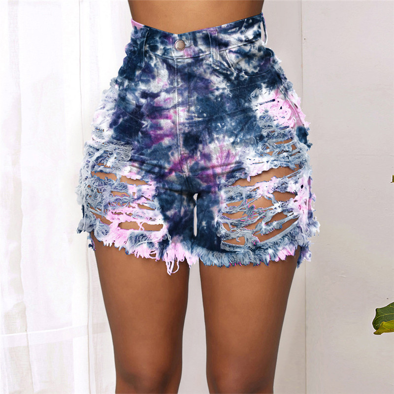 Summer Woman Hot Shorts Ripped Sexy Hollow Button Tie-Dye Printed Denim Shorts For Women Jean Shorts