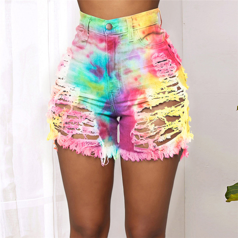 Summer Woman Hot Shorts Ripped Sexy Hollow Button Tie-Dye Printed Denim Shorts For Women Jean Shorts