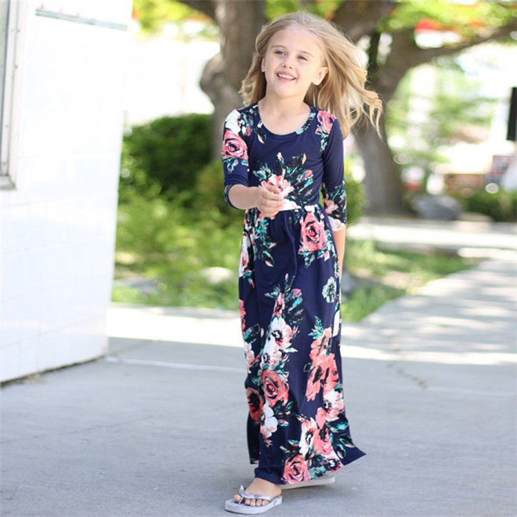 Child Printing Flower Little Girl Dress Casual Floral Printed Mid Sleeve Long Dress For Girls