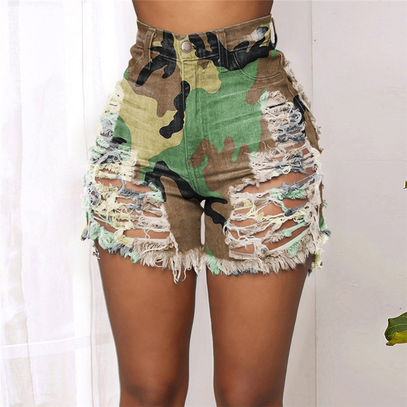 Summer Woman Hot Shorts Ripped Sexy Hollow Button Tie-Dye Printed Denim Shorts For Women Jean Shorts