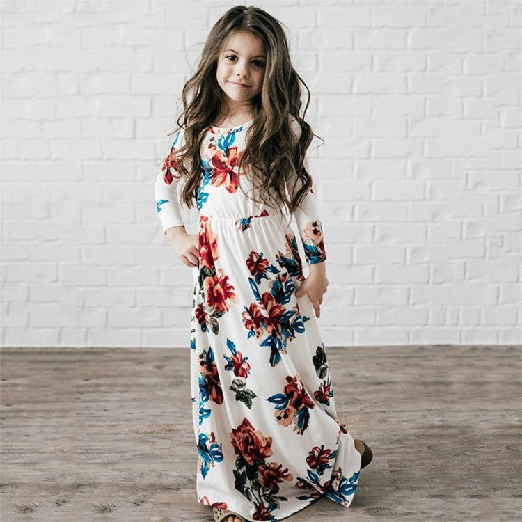 Child Printing Flower Little Girl Dress Casual Floral Printed Mid Sleeve Long Dress For Girls