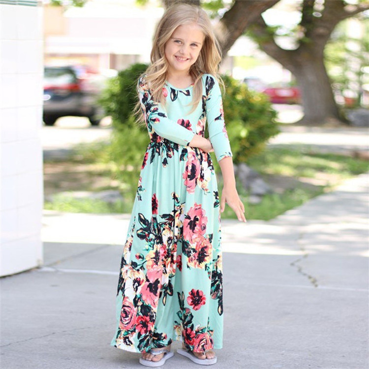 Child Printing Flower Little Girl Dress Casual Floral Printed Mid Sleeve Long Dress For Girls