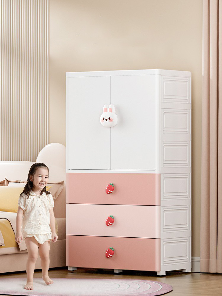 Cartoon Double Doors Children Storage Cabinet Multi Functional Kid Plastic Wardrobe Baby Clothes Storage