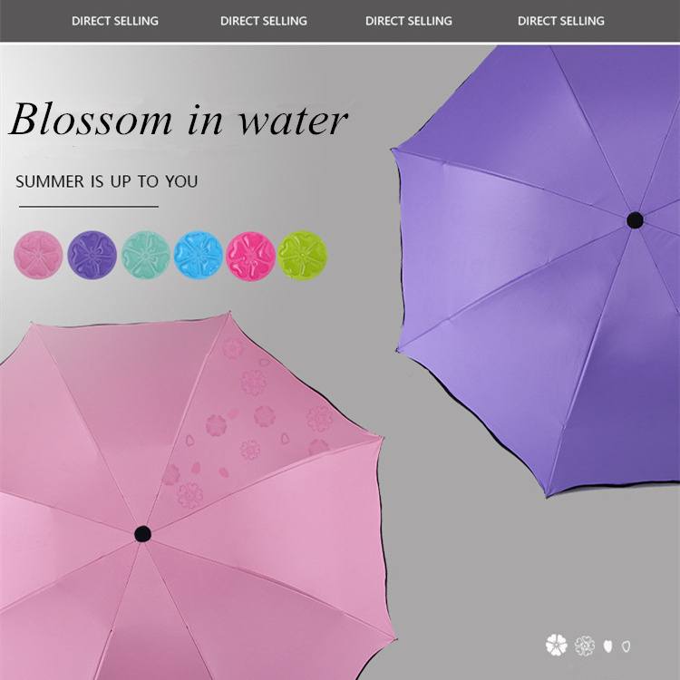 Ladies 3 Folding Meets Water Can Blossom Parasol Color Flowers Pattern Umbrella