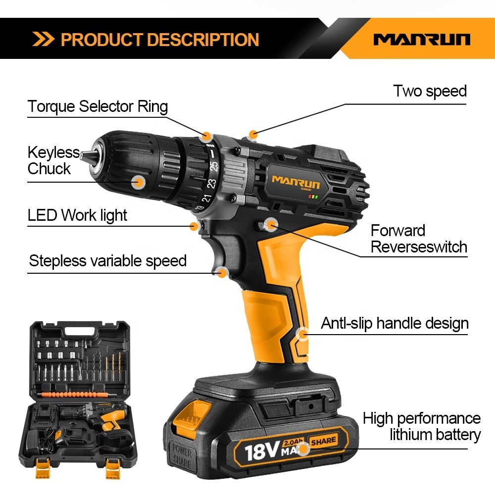 MANRUN Hot Selling Power Craft Cordless 18V Flat Push Double Speed Electric Drill Set Electric Drill Set