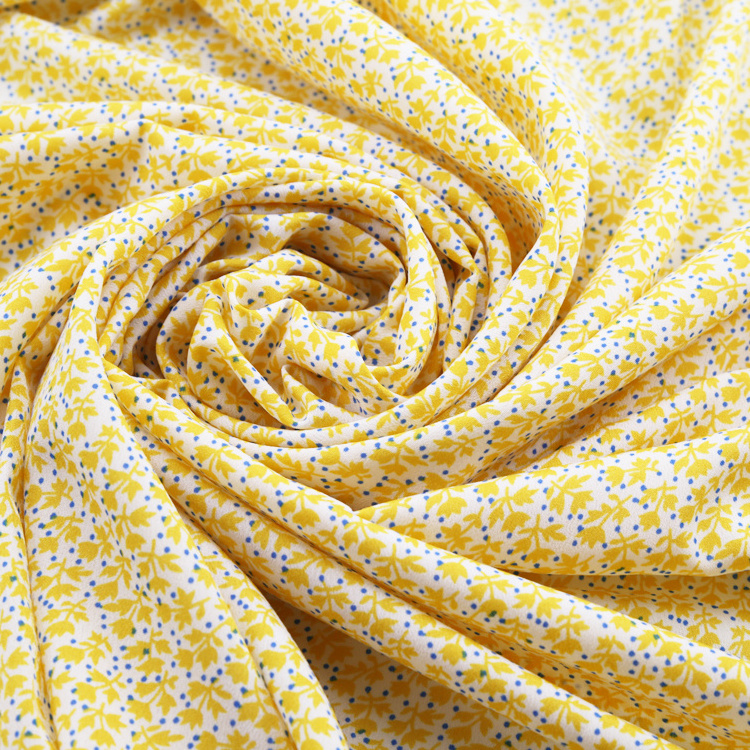 Yellow Ground Small Flower Print Garment Textile 100% Polyester Elastane Fabric