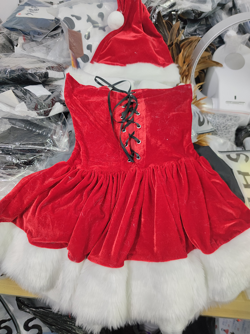 Women Velvet Fur Christmas Dress with Hat Winter Santa Claus Costume Fancy Dress Sexy Cosplay Costume Party Dress with Belt