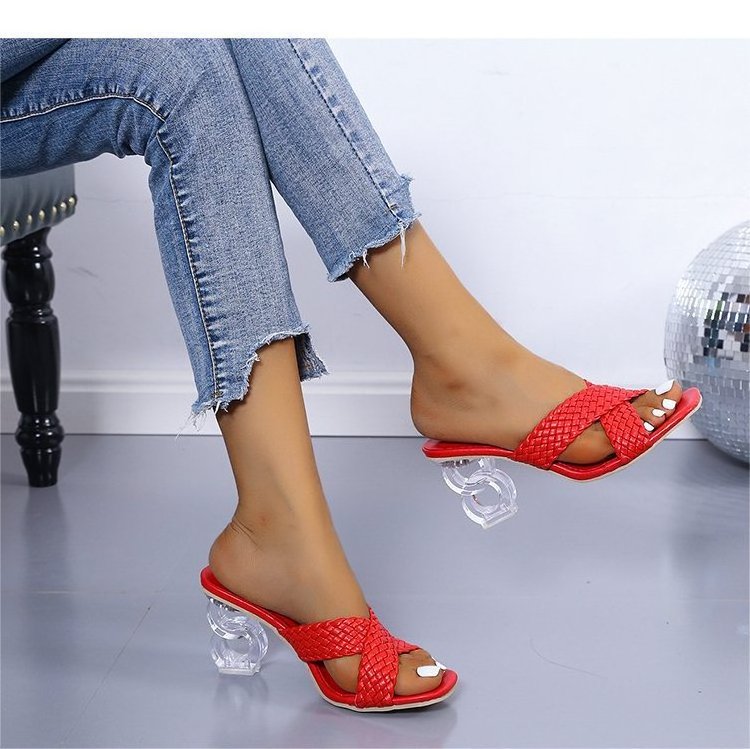 2022 New Summer Square Head Fish Mouth Knitting Sandals Women's Toe Fashion Shoes