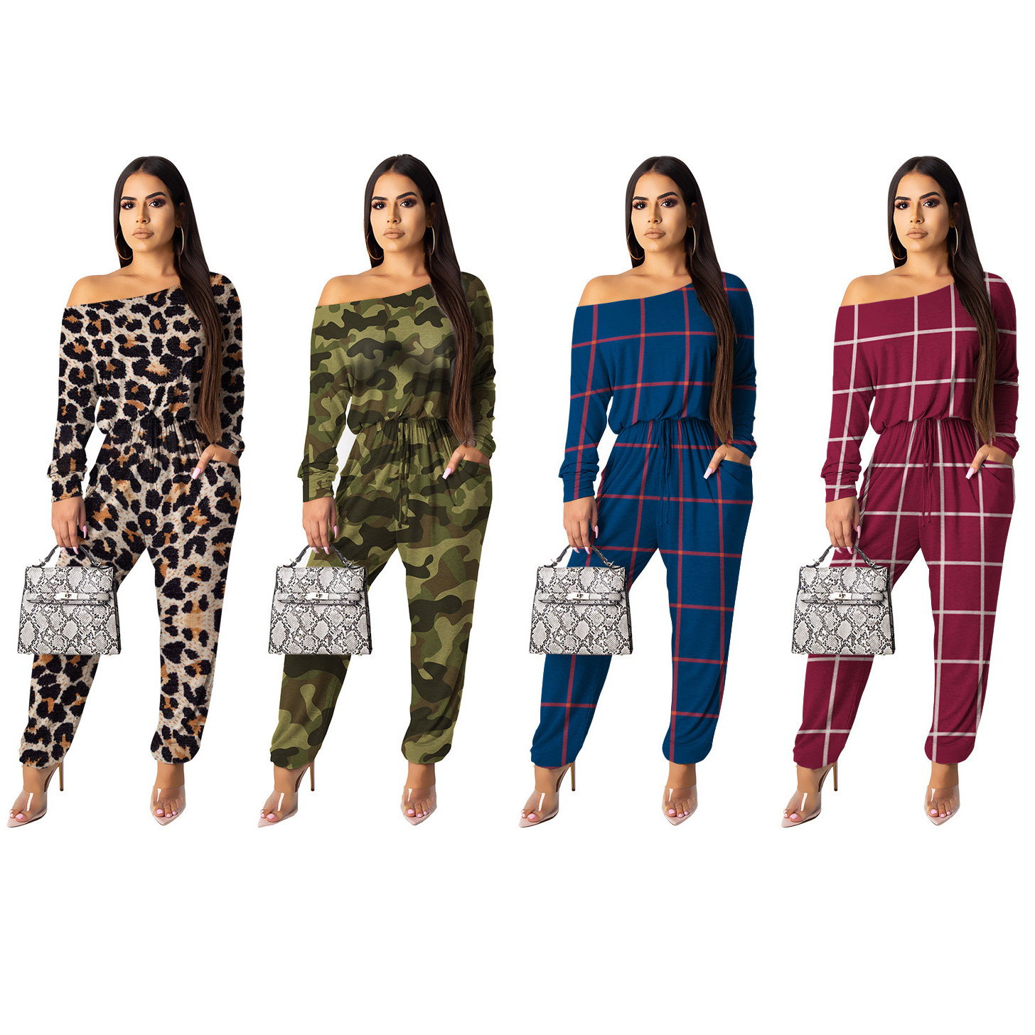 Maining Long Sleeve One Piece Rompers Camouflage Women Casual Off Shoulder Jumpsuit