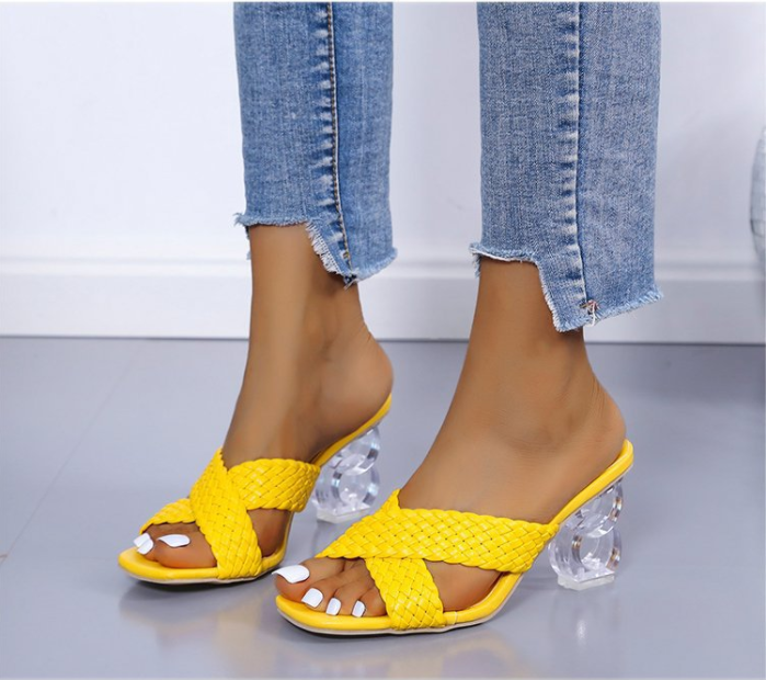 2022 New Summer Square Head Fish Mouth Knitting Sandals Women's Toe Fashion Shoes