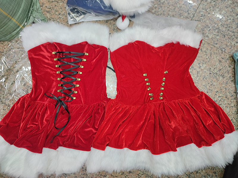 Women Velvet Fur Christmas Dress with Hat Winter Santa Claus Costume Fancy Dress Sexy Cosplay Costume Party Dress with Belt