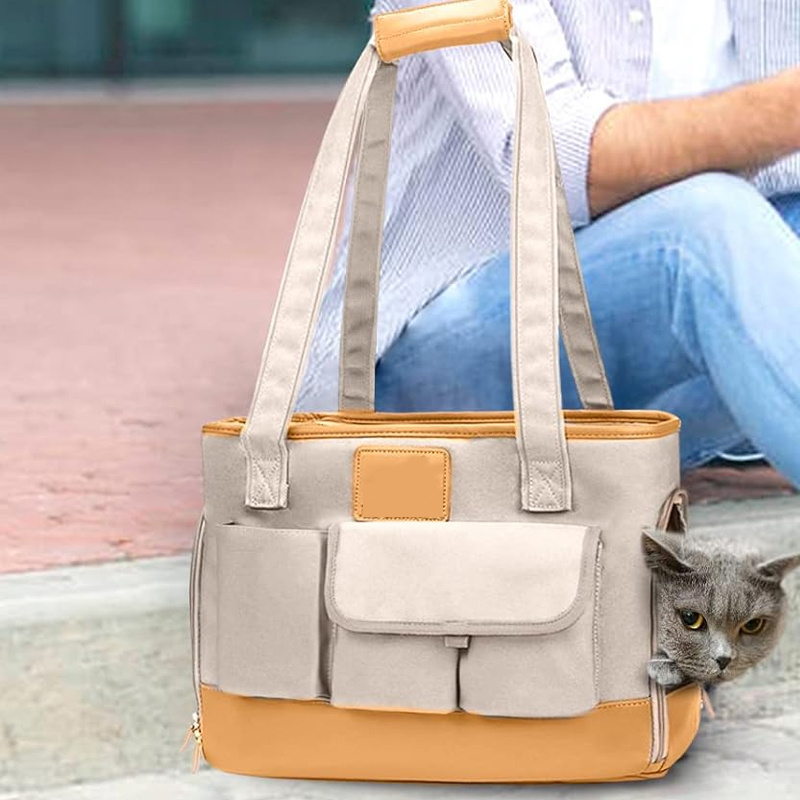 Foldable Waterproof Premium PU Leather Oxford Cloth Dog Purse Portable Tote Bag Carrier for Small to Medium Cats and Small Dogs