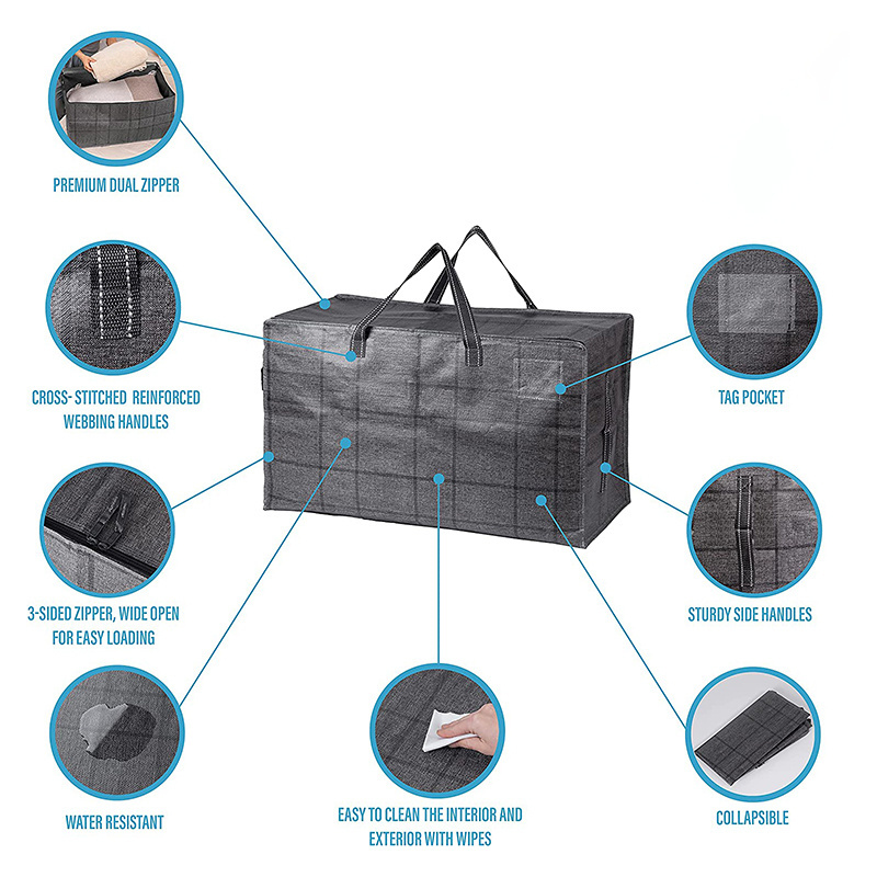 Extra Large Moving Storage Bags with Zippers Foldable Heavy-Duty Tote for Space Saving Luggage Organizer