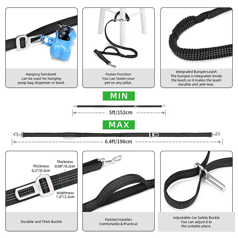 4-in-1 Hands Free Dog Zero Shock Absorbing Bungee Leash with a Multifunctional fanny pack waist bag