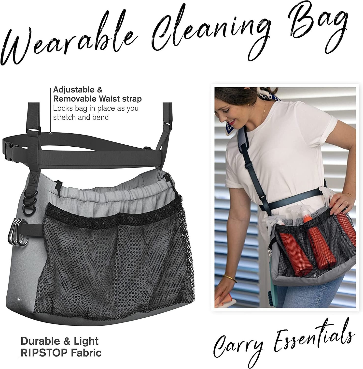 Multiple Compartments Cleaning Bag with Shoulder & Waist Strap for Essential Cleaning Supplies bag