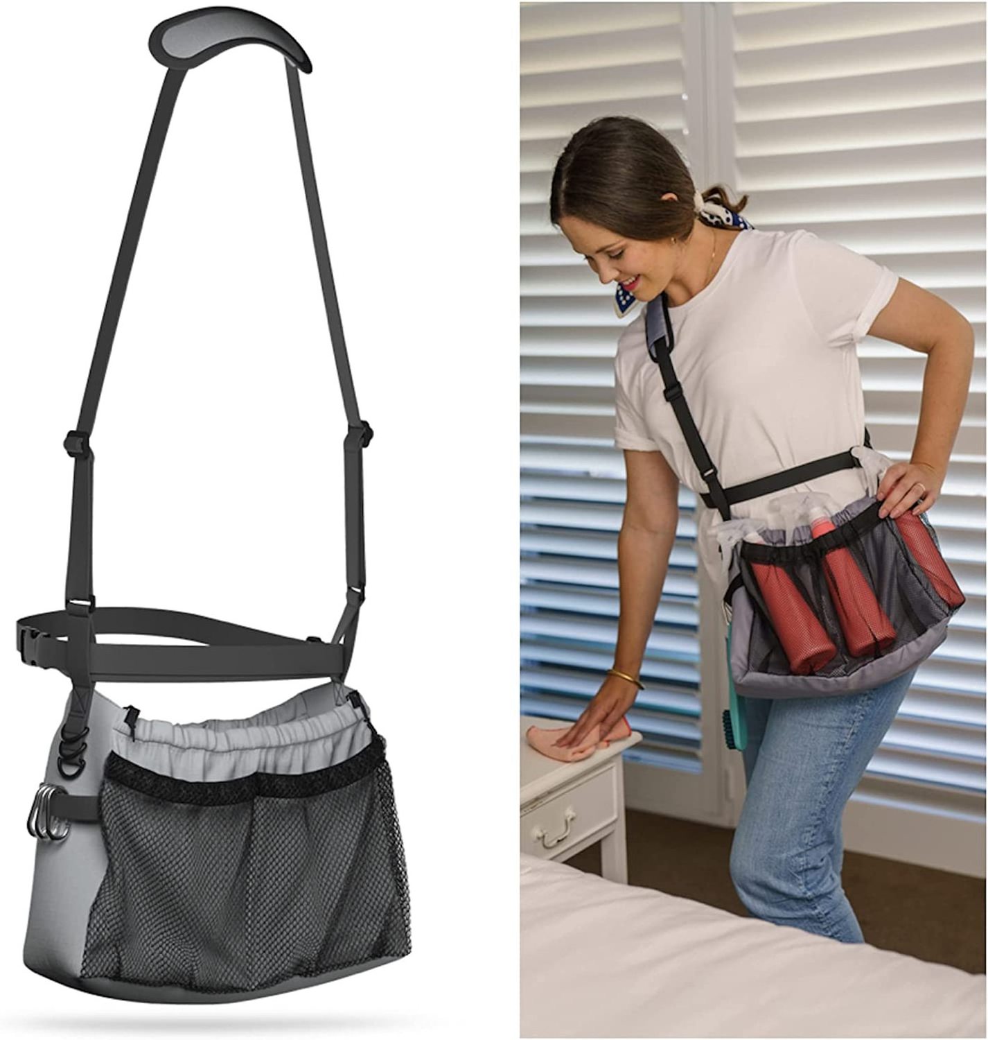 Multiple Compartments Cleaning Bag with Shoulder & Waist Strap for Essential Cleaning Supplies bag