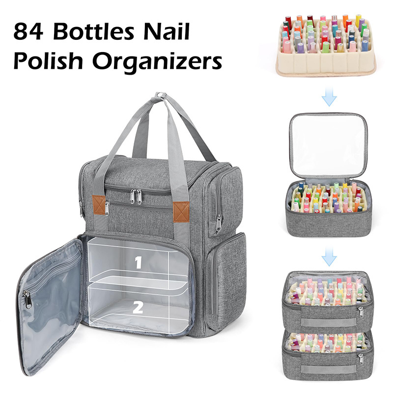 Nail Polish Organizer Nail Polish Storage Holds 84 Bottle Nail Backpack Bag Cosmetic Travel Bag with UV Light Tool Carrier Bag