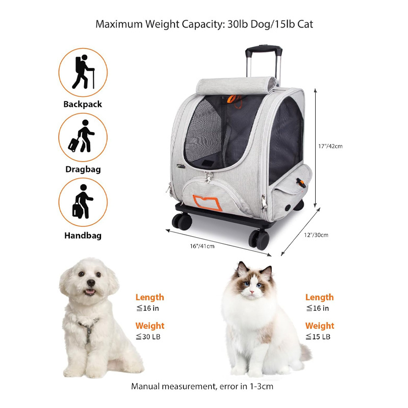 Pet Carrier Backpack with Wheels for Cats and Puppies Removable Pet Rolling Carrier Backpack Breathable Pet Travel Carrier