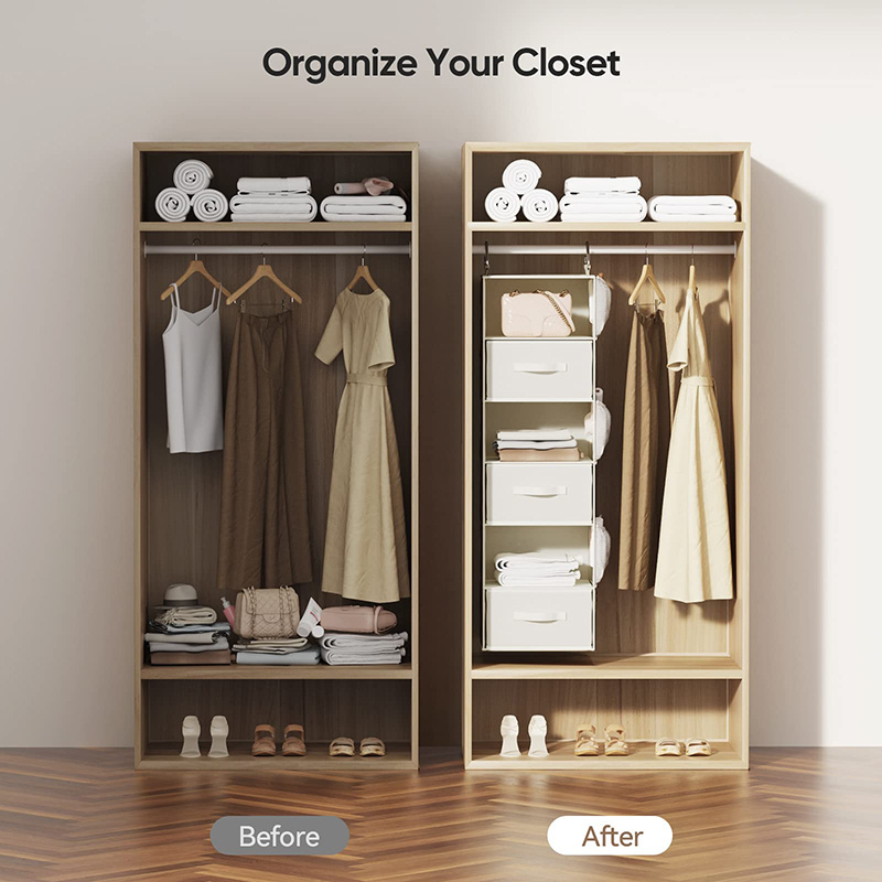 Hanging Closet Organizer 6-Shelf, Hanging Shelves for Closet with 3 Removable Drawers & Side Pockets