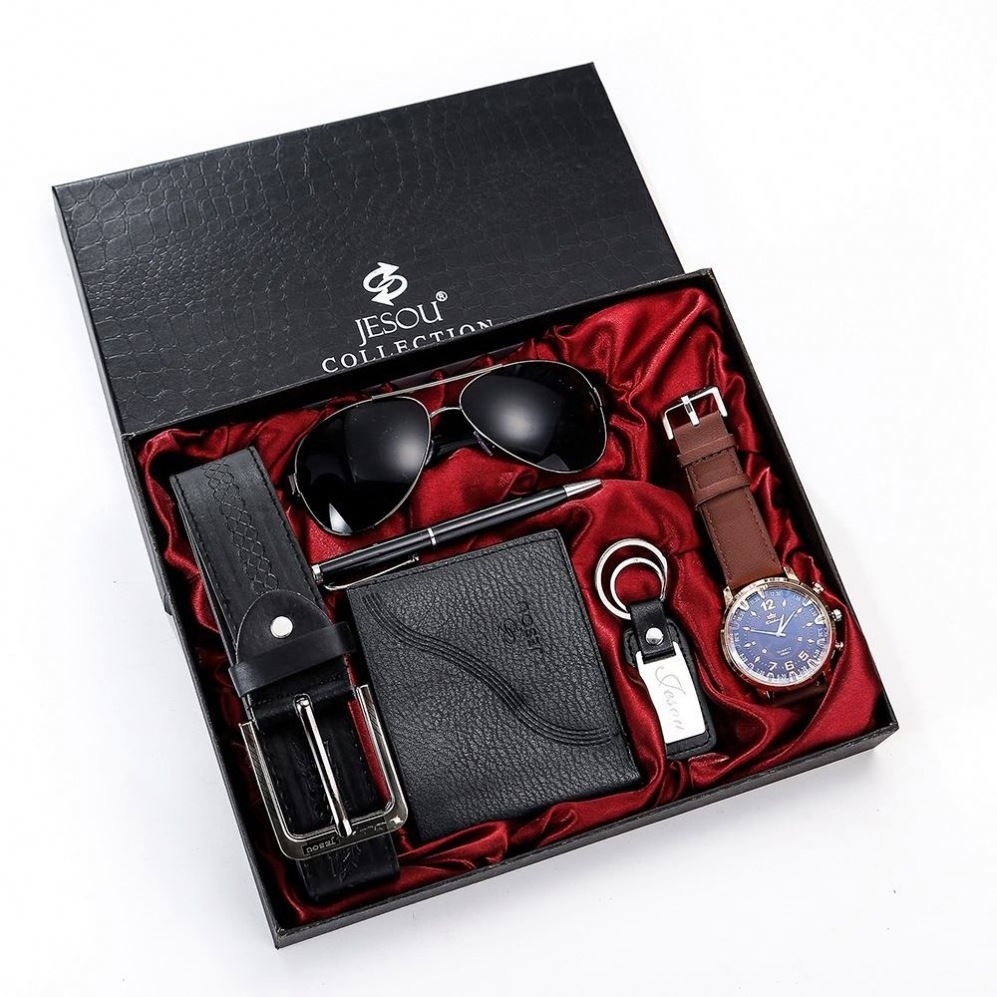 2023 6pcs/set Boutique Gift Set Glasses Belt Purse Keychain Large Dial Quartz Watch Pen Men Promotional Gift Set For Father Days