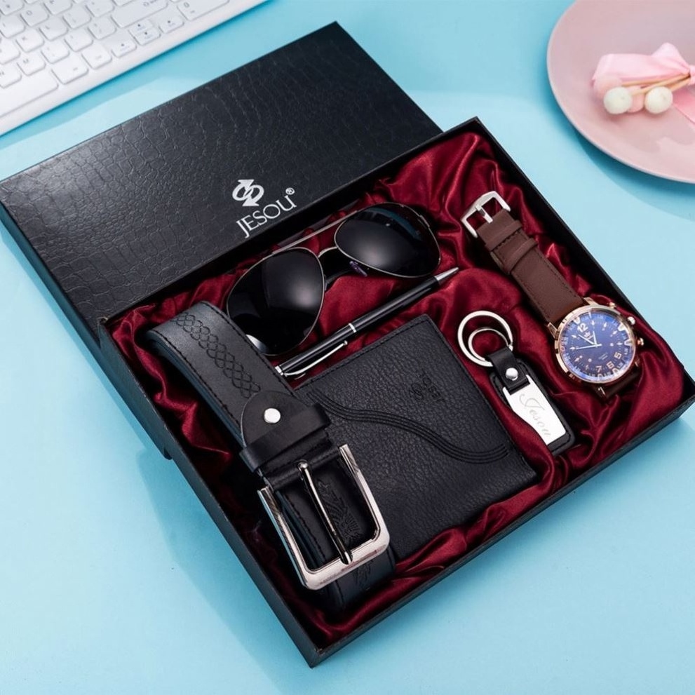 2023 6pcs/set Boutique Gift Set Glasses Belt Purse Keychain Large Dial Quartz Watch Pen Men Promotional Gift Set For Father Days