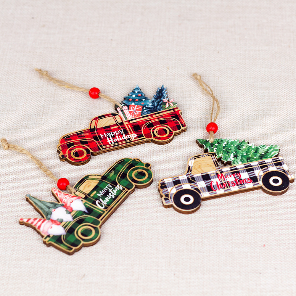 YH-249 Christmas Ornaments Red Buffalo Plaid Truck Christmas Tree Decoration Wooden Farmhouse Hanging Crafts