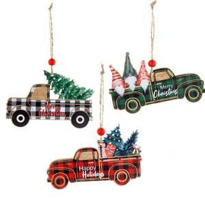 YH-249 Christmas Ornaments Red Buffalo Plaid Truck Christmas Tree Decoration Wooden Farmhouse Hanging Crafts