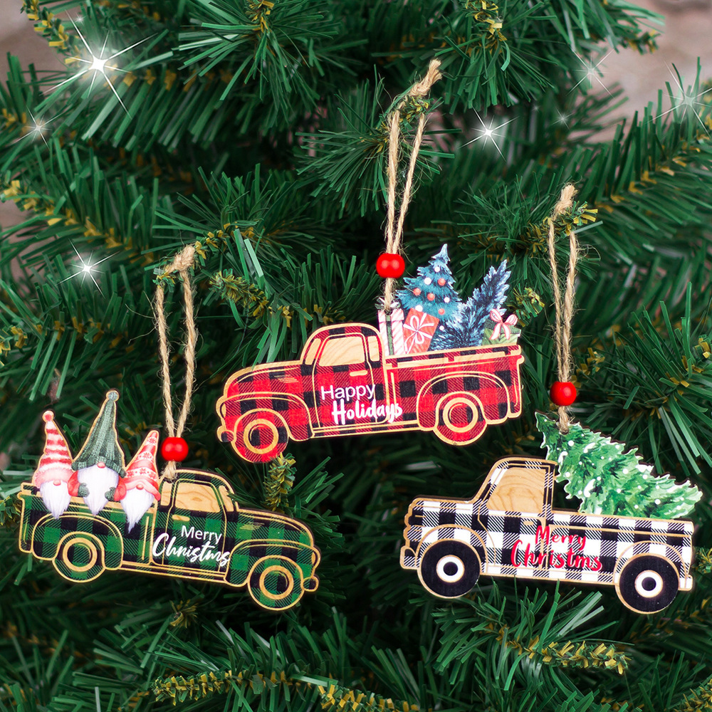 YH-249 Christmas Ornaments Red Buffalo Plaid Truck Christmas Tree Decoration Wooden Farmhouse Hanging Crafts