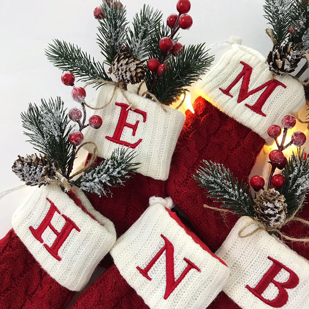 HB-422 Red Knit Christmas Stocking with White Cuff and Embroidered Letters Snowflake