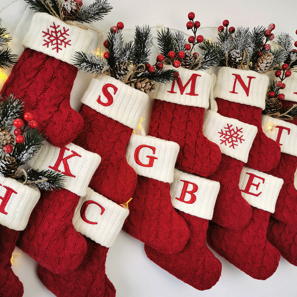 HB-422 Red Knit Christmas Stocking with White Cuff and Embroidered Letters Snowflake