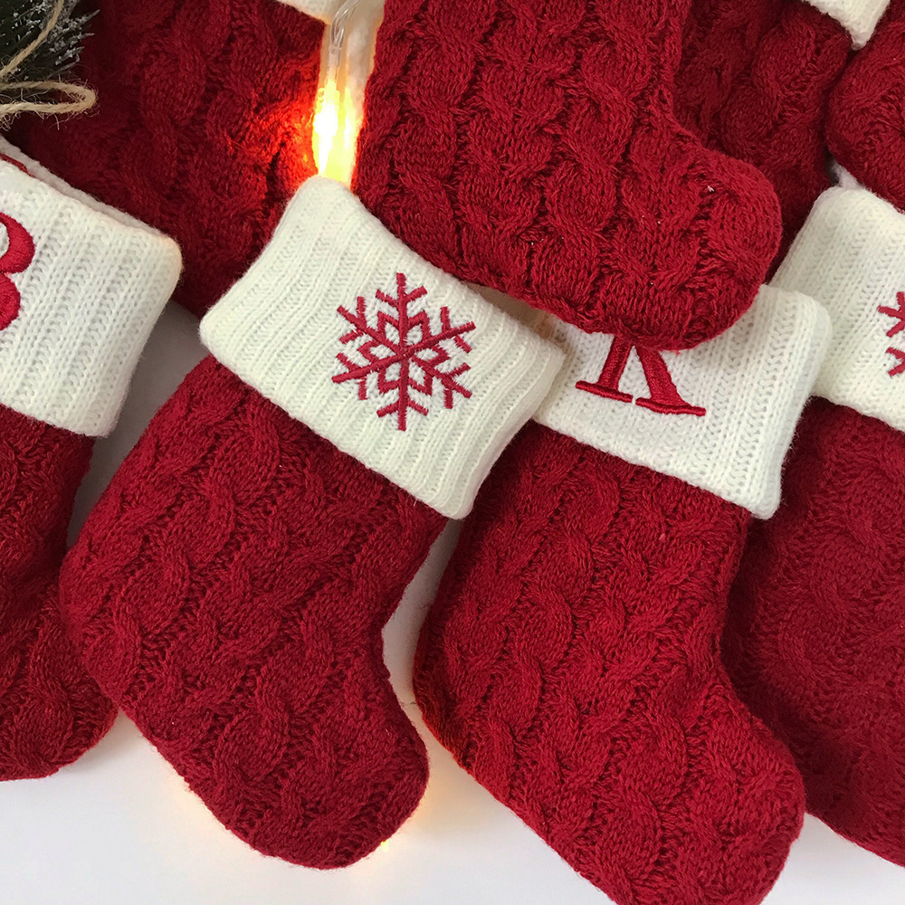 HB-422 Red Knit Christmas Stocking with White Cuff and Embroidered Letters Snowflake