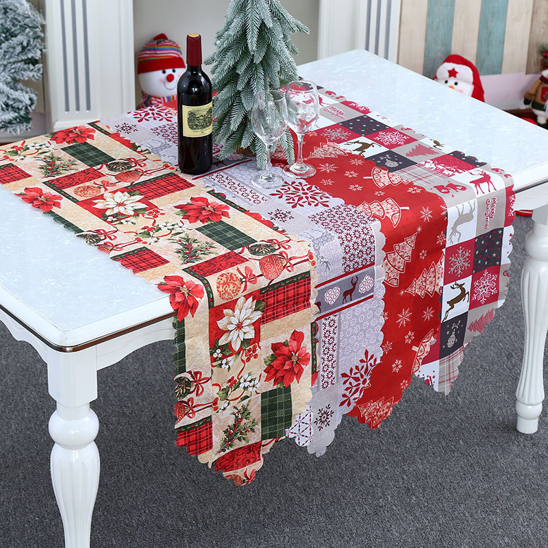 HU-291 Merry Christmas Flower printed polyester Table Runner for Seasonal Winter Xmas Holiday Kitchen Dining Table Decoration