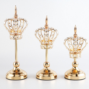 BD-547 Modern gold candle holder metal crystal crown candlestick centerpiece for wedding table decoration