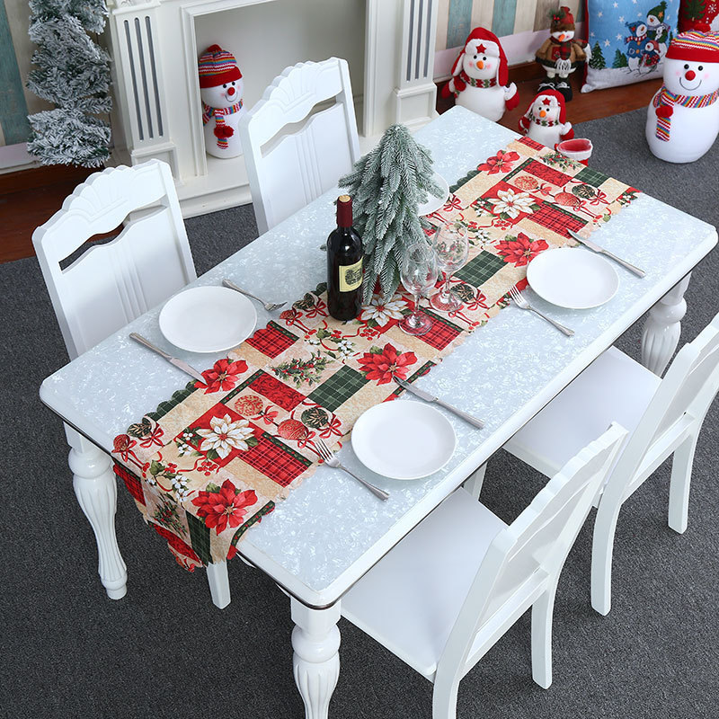 HU-291 Merry Christmas Flower printed polyester Table Runner for Seasonal Winter Xmas Holiday Kitchen Dining Table Decoration