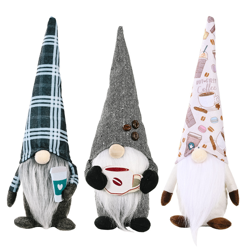 HB-967 Coffee Gnome Plaid Swedish Tomte Gnome for Coffee Bar Decoration Gift Scandinavian Plush Farmhouse Home Decor