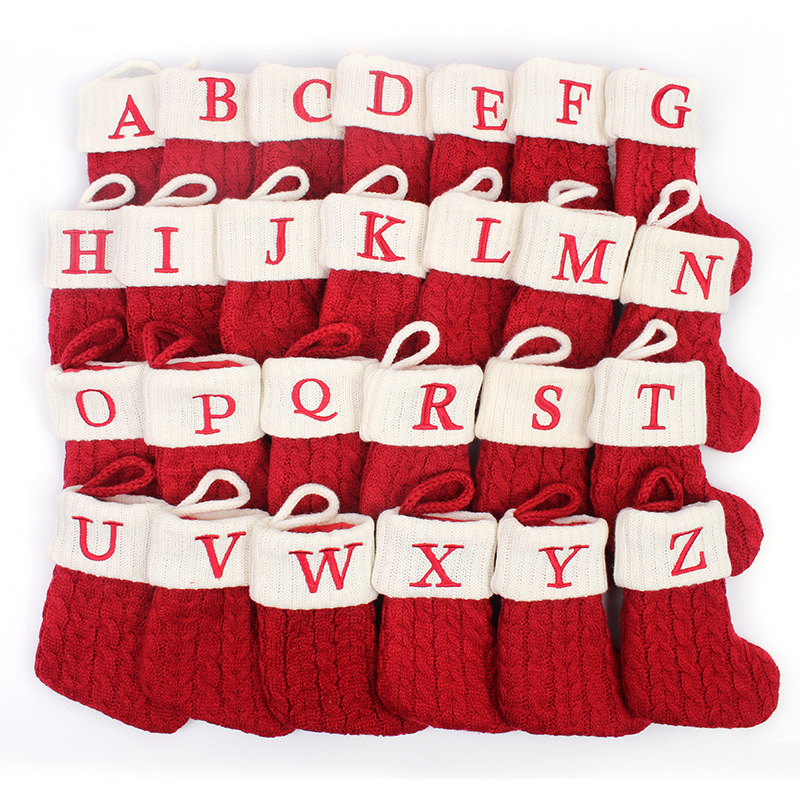 HB-422 Red Knit Christmas Stocking with White Cuff and Embroidered Letters Snowflake