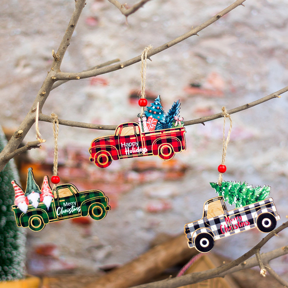 YH-249 Christmas Ornaments Red Buffalo Plaid Truck Christmas Tree Decoration Wooden Farmhouse Hanging Crafts