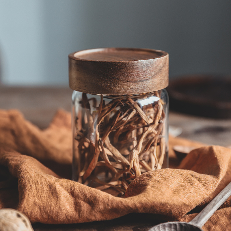 Hand-blown from Borosilicate glass canister with acacia wood lid for Sugar Tea Coffee Beans candy spice glass jar jar with lid